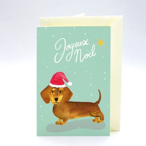 Carte de Voeux Teckel Père de Noël Quartier Libre